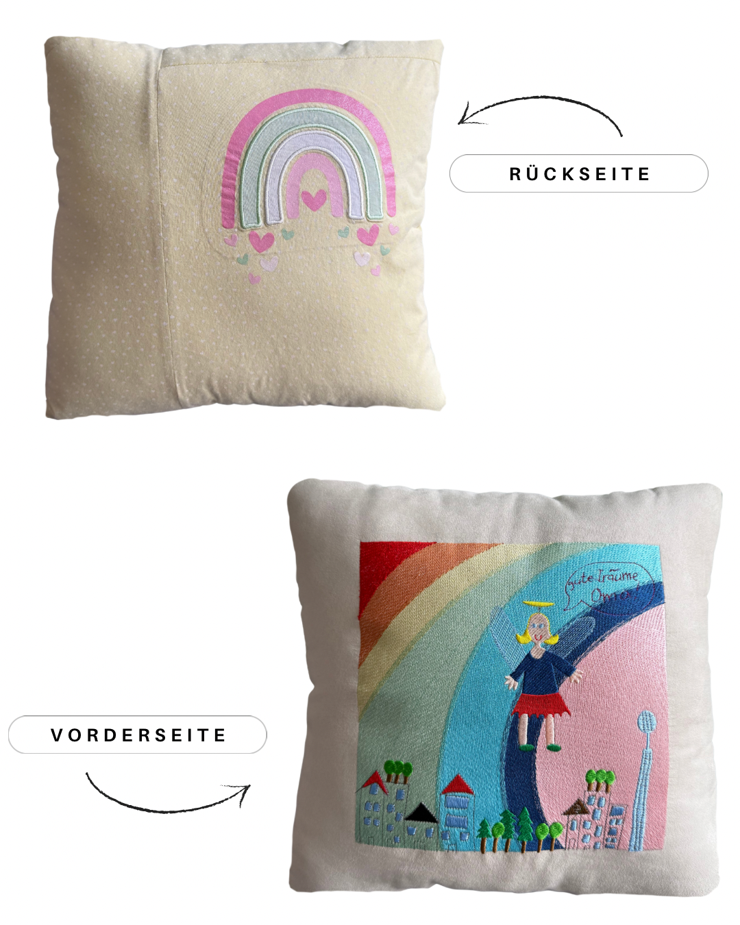 Personalisiertes Kissen mit gestickter Zeichnung