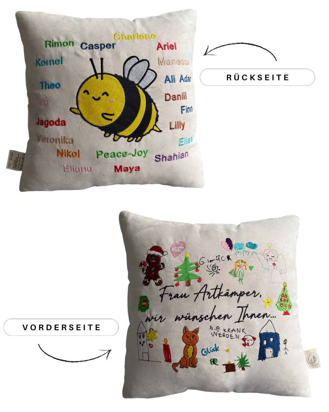 Personalisiertes Kissen mit gestickter Zeichnung